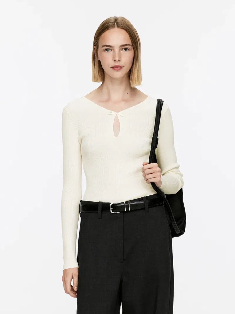 Arket Cream Ribbed Long-Sleeve Top with Keyhole Bow